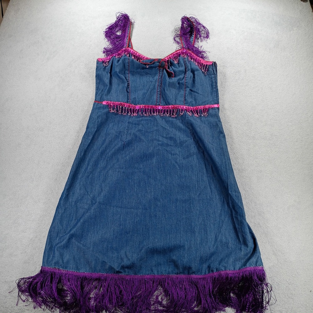 Faded Glory Womens Denim Dress Blue 10 Purple Fringe Beaded Sequin Y2K Western